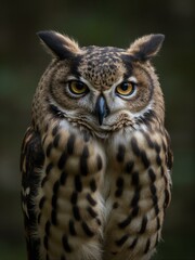 Obraz premium A large owl with yellow eyes and orange pupils.