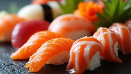 Macro Shot of Sushi Rolls – Detailed Close-Up of Traditional Japanese Food with Fresh Ingredients and Elegant Presentation