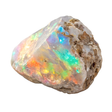 Watercolor Raw opal gemstone with vibrant iridescent colors and rugged surface isolated on transparent background