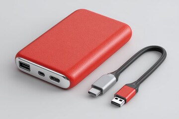 A portable power bank with cable on white background