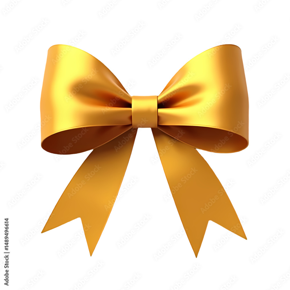 Poster a glossy golden bow with pointed ends and a neat knot centered in a studio shot isolated on transpar