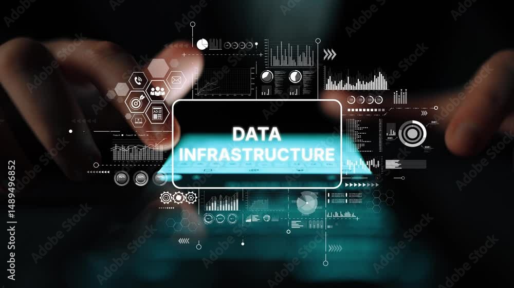 Poster Modern Concept of Data Infrastructure with Analytics Visualizations and Digital Interface Elements in Dark Environment. Asymptotic smart data analytic.