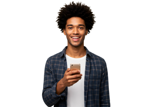 Smiling Man Using Mobile Phone in Studio on Transparent Background