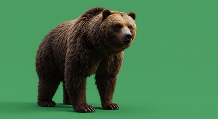 Brown Bear Standing Alert on Green Screen, Isolated Animal.