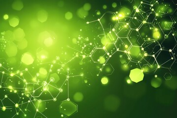 Abstract vibrant green background with interconnected molecular structures.  Soft, glowing, and luminous.  Suggests a futuristic, scientific, and ecological theme.  A visually appealing design