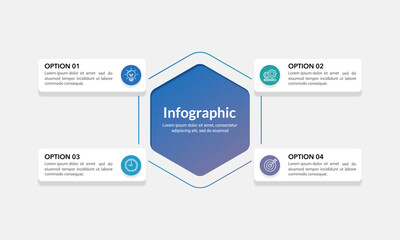 Plakat Modern hexagon infographic design with 4 options. Presentation, Banner, Plan and Information. Vector illustration.