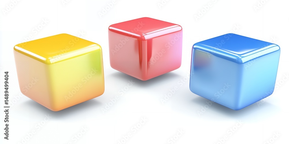 Poster three glossy cubes in vibrant red yellow and blue colors isolated on white background ideal for pres