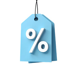 A light blue price tag with a white percentage sign hanging against  illustration isolated on transparent backgruond