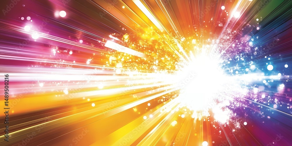 Poster Vibrant Colorful Light Rays Burst Background Image Abstract Design with Bright Rainbow Colors and Sparkling Glimmer Particles Perfect for modern technology energy speed themes