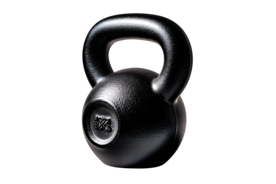Cast iron kettlebell with matte black finish, isolated on transparent background
