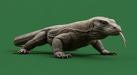 Obraz premium Large lizard with forked tongue, textured skin on solid green.