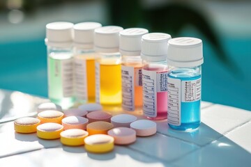 Close-up of colorful pills and small transparent vials containing various colored liquids arranged on a white surface with soft natural light