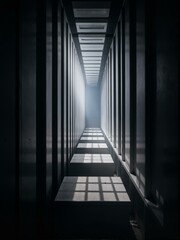A long narrow hallway with light at the end.