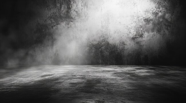 Empty, dark, grunge room with spotlight.  Grainy concrete floor meets weathered, smoky walls.  Light source illuminates the space