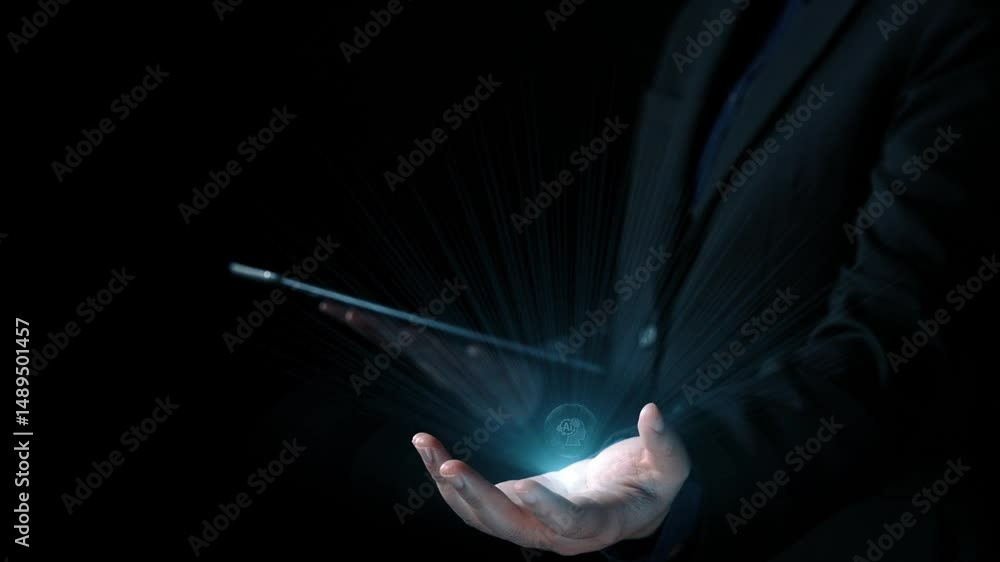 Poster human interact with ai artificial intelligence brain processor in concept of ai artificial intellige