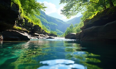 Crystal-clear river in a mountain gorge