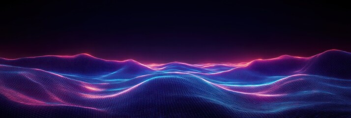 Abstract digital landscape of glowing neon waves in blue and pink on a dark background conveying a futuristic and dynamic atmosphere