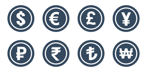 dollar, euro, pound, yen, yuan, rubble, rupee, lira, won, currency coin icons set