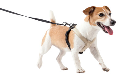 Active Companion: A lively dog in a harness and leash, captures the energy and exuberance of the canine, showcasing a playful stroll with a happy expression.