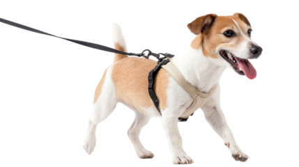 Active Companion: A lively dog in a harness and leash, captures the energy and exuberance of the canine, showcasing a playful stroll with a happy expression.