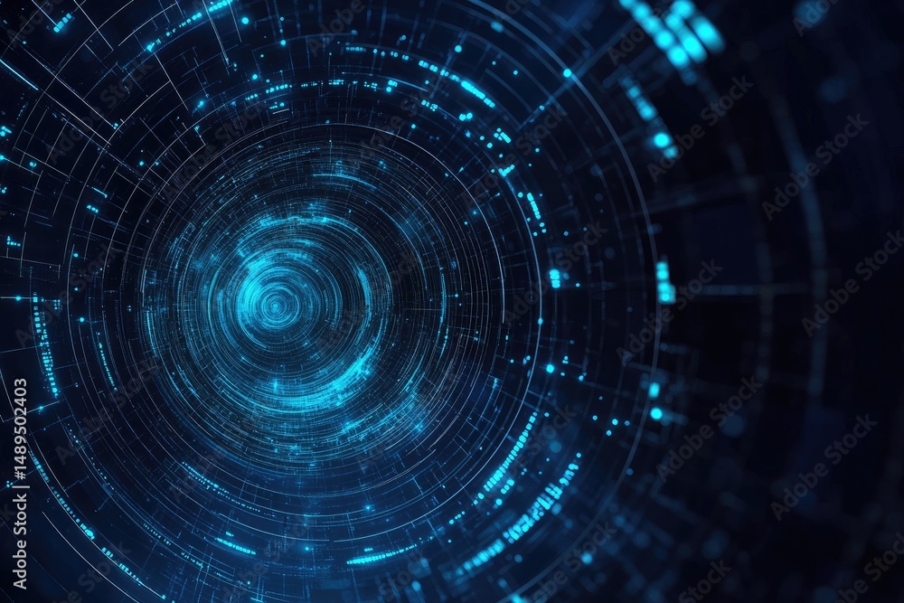 Poster abstract digital tunnel. a swirling, concentric design, with glowing blue lines and data streams. da