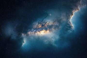 Vast view of a glowing galaxy with dense clusters of stars and cosmic dust illuminating the dark night sky, evoking awe and mystery