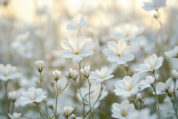 Delicate white flowers with yellow centers blooming gracefully in soft natural light creating a peaceful and serene mood