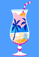 Tropical Beach Cocktail Illustration, Summer Drink, Vacation Vibes