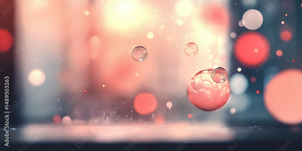 Poster abstract image of floating translucent spheres in a soft pink and red bokeh background a dreamy and 