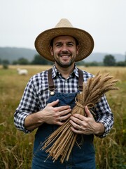 Fototapeta premium A man in overalls holding wheat.
