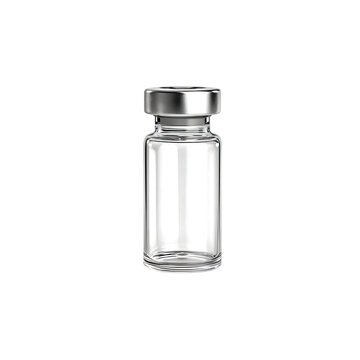 Empty glass vial with silver cap, isolated on white background