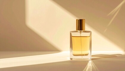 マットなベージュ背景の片隅にガラス製香水瓶が一つ。自然光が差し込み、美しさと洗練された雰囲気を演出

