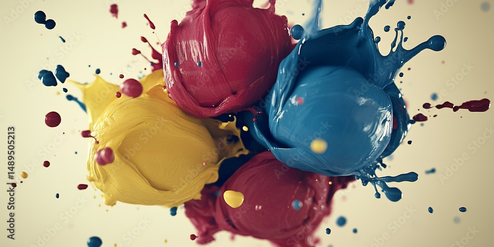 Poster vibrant cmyk paint spheres exploding in mid air creating a dynamic splash of color ideal for design 
