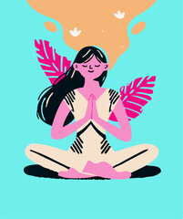 Woman Meditating, Peaceful Yoga Pose, Mindful Illustration
