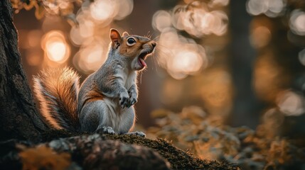 Obraz premium Yawning Squirrel in the Forest at Golden Hour