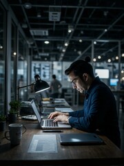 A man works on his laptop in an office late at night.