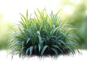 close-up view of lush green grass with long pointed leaves and fresh new shoots growing densely under bright sunlight