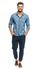 A handsome man, brimming with confidence, strides forward in casual, yet stylish attire, his face lit with a genuine smile, perfect for lifestyle or fashion projects.