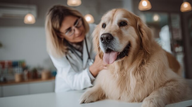 A veterinarian examining a golden retriever dog in a clinic.