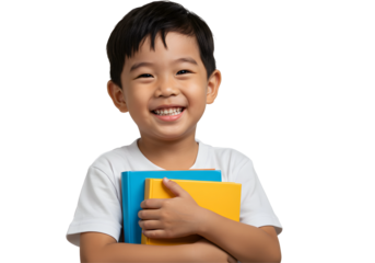 Happy Young Boy Holding Books Smiling on Transparent Background