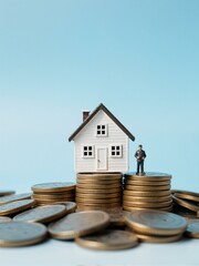 A miniature house sitting on top of gold coins.