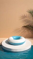 Inflatable swimming ring on a white plinth with water and palm tree shadow against a beige background