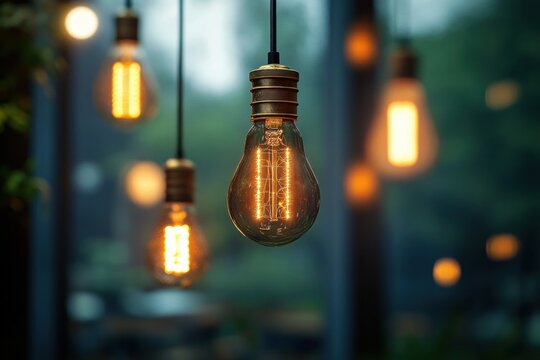 Close-up of warm glowing vintage Edison light bulbs hanging indoors with blurred background of green and soft lights creating cozy atmosphere