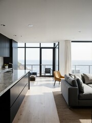 Fototapeta premium A modern living room with an ocean view.
