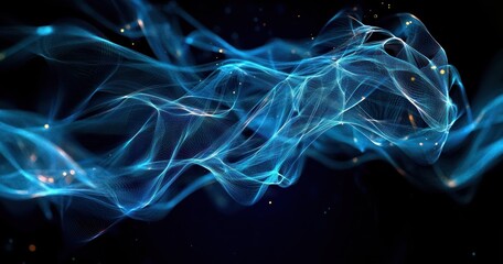 Abstract flowing blue light waves with digital mesh texture and small glowing particles on a dark background conveying motion and energy