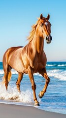 Fototapeta premium Horse running on a beach with waves in the background.