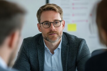 Focused investors listening as the male startup leader uses visual