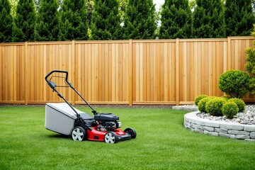 Lawn mower standing on green lawn in front of wooden fence background, with manicured bushes and stone-bordered garden, concept of landscaping hobby, Ai generative