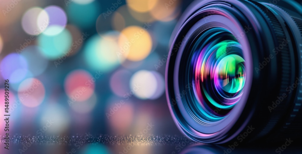 Poster camera lens close-up with vivid light reflections and abstract bokeh background, representing photog