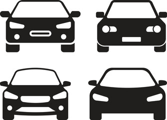 Set of 4 Minimalist Front-Facing Car Icons—Flat Black Vehicle Silhouettes for Digital Use